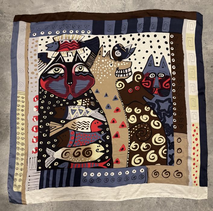 vintage jedwabna ręcznie rolowana apaszka w koty ryby zwierzęta silk