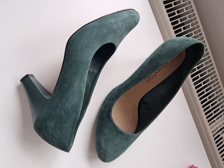 Buty Lasocki 39 czółenka obcas na obcasie butelkowe zieleń zgniła  skórzane