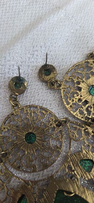 Kolczyki boho XXL zielone szmaragdowe ażurowe złote glamour vintage