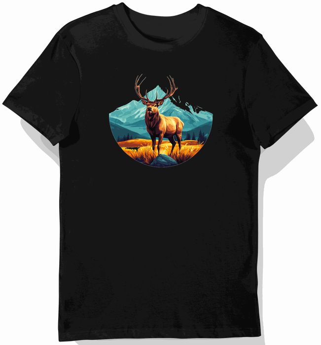 Koszulka męska czarna z motywem jelenia na tle gór w słońcu L