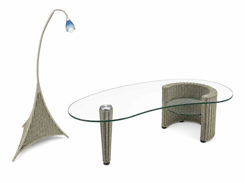 Stolik kawowy Kler ze szklanym blatem + lampa podłogowa z plecionki
