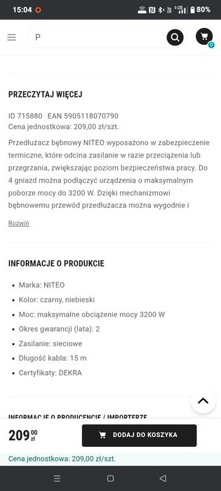Przedłużacz na bębnie 3200W zabezpieczenie termiczne