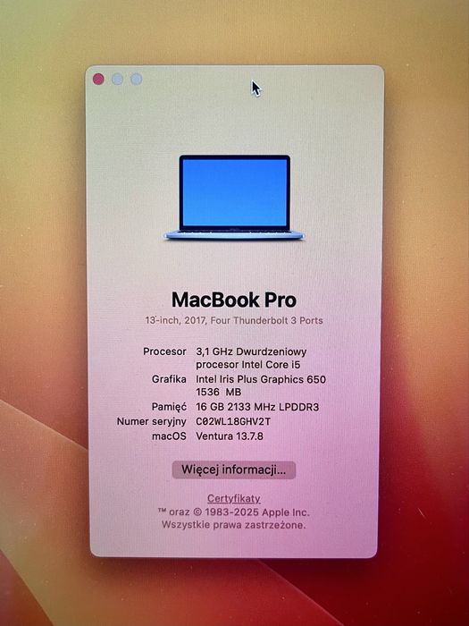 MacBook Pro 13" 2017 i5 16 GB RAM – zadbany, cichy, sprawny