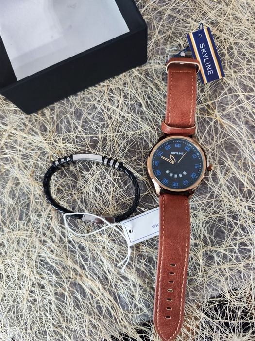 Lindíssimo conjunto Relógio e Pulseira marrom de homem da Skyline
