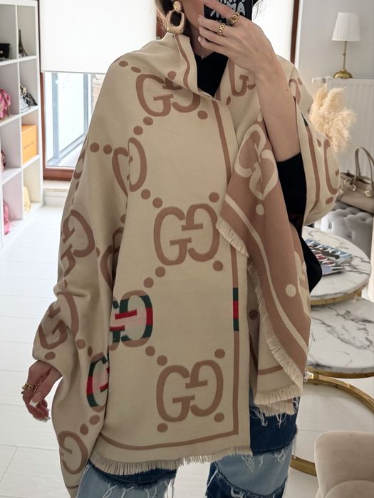 Duży szalik Gucci monogram szal dwustronny beżowy premium