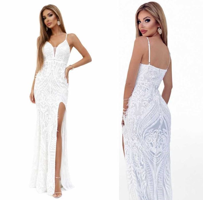 Suknia ślubna #83 glamour ołówkowa z rozcięciem pióra rozmiar 40 L