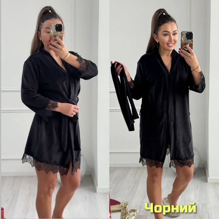 ‼️ Велюровий халат з мереживом. ОПТ та роздріб. Розм:42-44,46-48,50-52,54-56