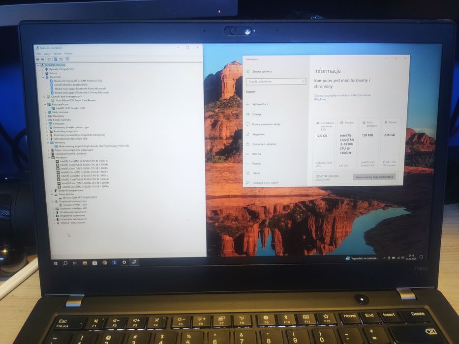 Laptop Thinkpad T480s i5 8250u 12GB 240GB ssd 14" FHD w10 / 11 bat 82%