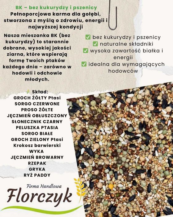 Karma dla gołębi Florczyk BEZ KUKURYDZY i PSZENICY BK 25KG