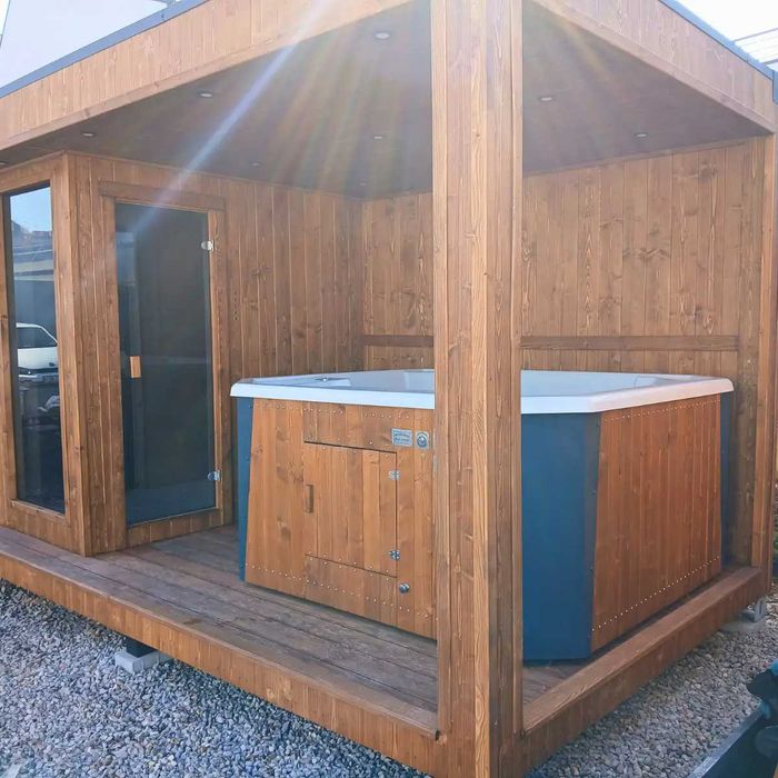 Sauna ogrodowa 6 × 2,5 m + JACUZZI  gotowa strefa SPA — PRODUCENT