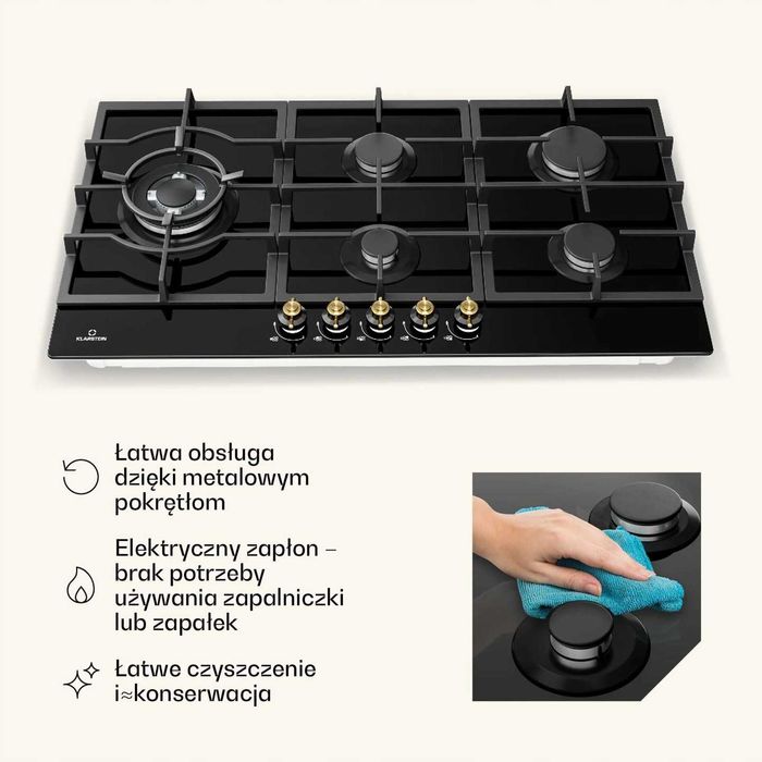 Płyta gazowa do zabudowy klarstein 5 palników 90cm szkło czarna