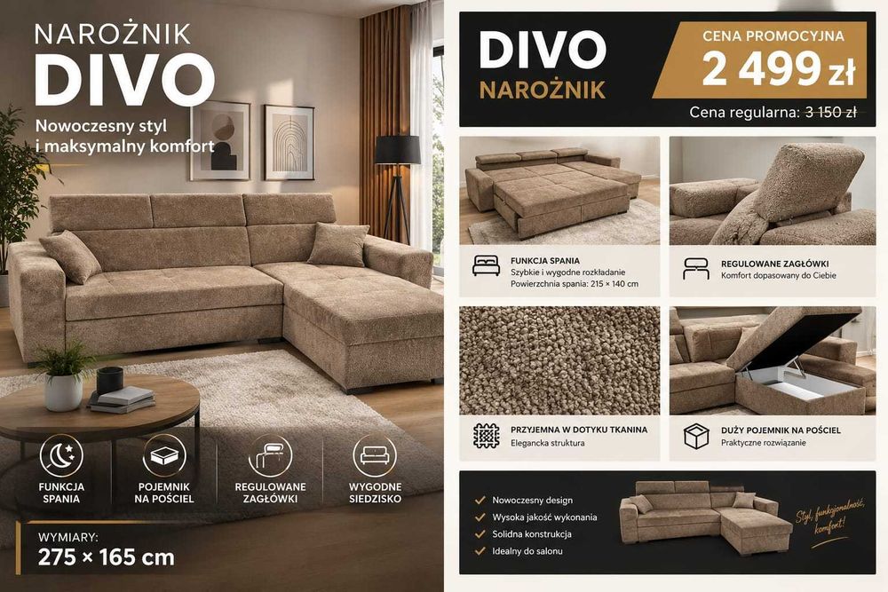 Narożnik DIVO 275x165 cm | Funkcja spania | Pojemnik | Regulowane zagłówki