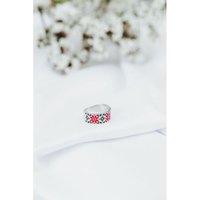 Срібні родовані набори сережки+каблучка «Вишиванка»