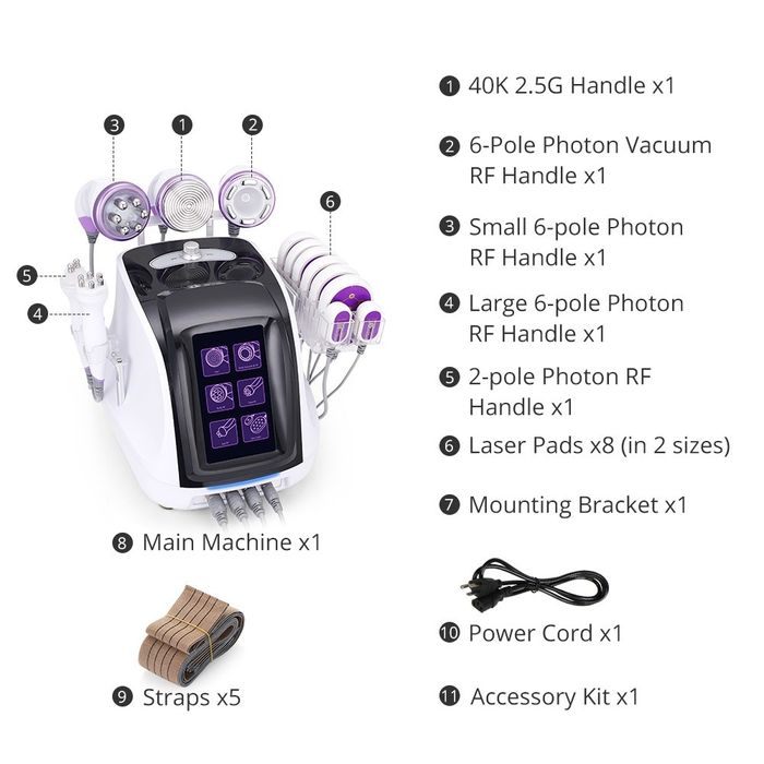Multifunções 6 em 1: Radiofrequência, Cavitação 40k, Vácuo, Lipolaser