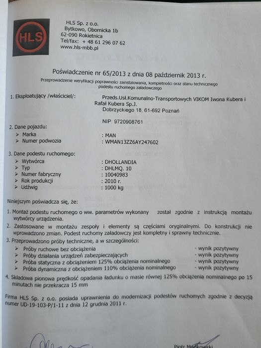 Winda zaladowcza 1000 kg Dhollandia Man 2010 r UDT ważny do 2027 r