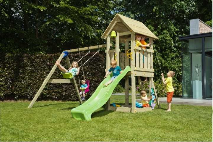 Drewniany plac zabaw do ogrodu z huśtawką i piaskownicą