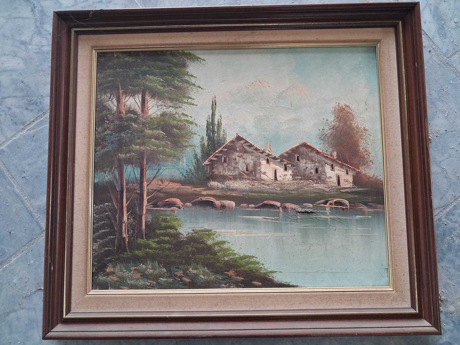 Pintura à Mão Vintage - Chalés de Montanha com Moldura Dupla de Madeira