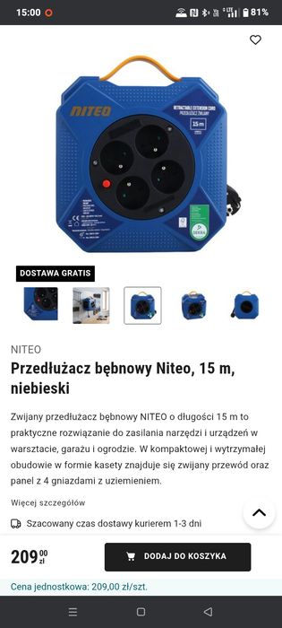 Przedłużacz na bębnie 3200W zabezpieczenie termiczne