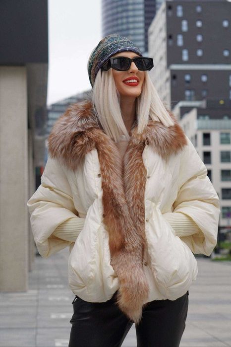 Kurtka Puchowa Ecru Lis Naturalny Futerko Najtaniej !