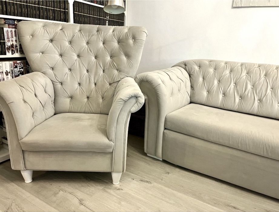Elegancki komplet wypoczynkowy: Sofa + Fotel Uszak