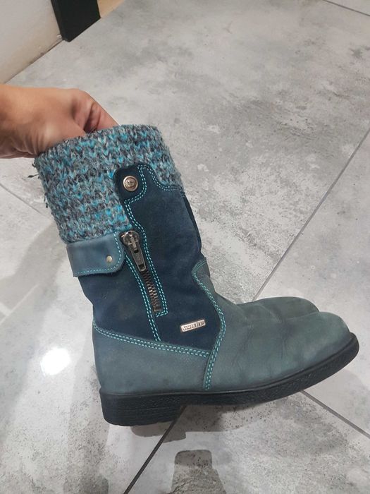 Buty zimowe kozaki turkusowe skóra naturalna 28