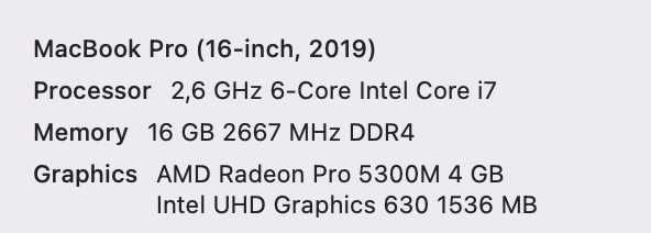 MacBook Pro 16' / 2,6 GHz Intel Core i7 / 16 GB DDR / AMD Radeon 4 GB64586211647875123