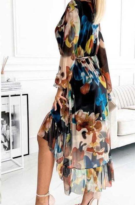 Asymetryczna sukienka midi z falbaną wzór 4- HIT !