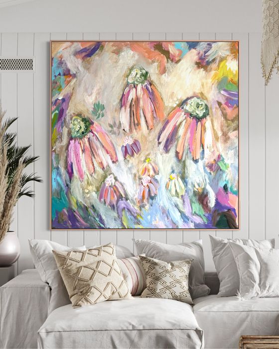 Obraz abstrakcyjny malowany ręcznie na płótnie 100x100 cm, kwiaty