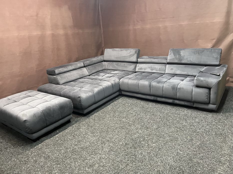 Кутовий мякий диван Німечинна велюр темно синій розкладний з пуфом