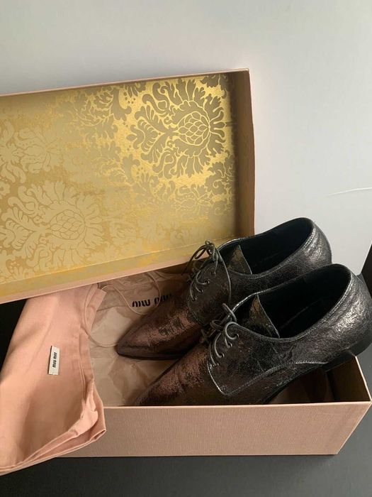 100% Autêntico Miu Miu Sapatos Pele Crackled Cinza Metálico PVP: 458€