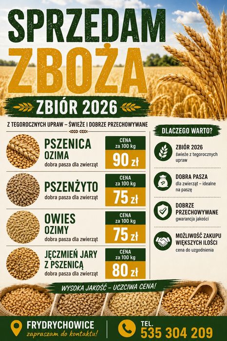 Sprzedam zboża z tegorocznych zbiorów