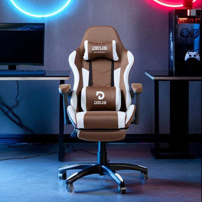 Fotel Gamingowy DEUS INFERNO Brown Tkanina z podnóżkiem