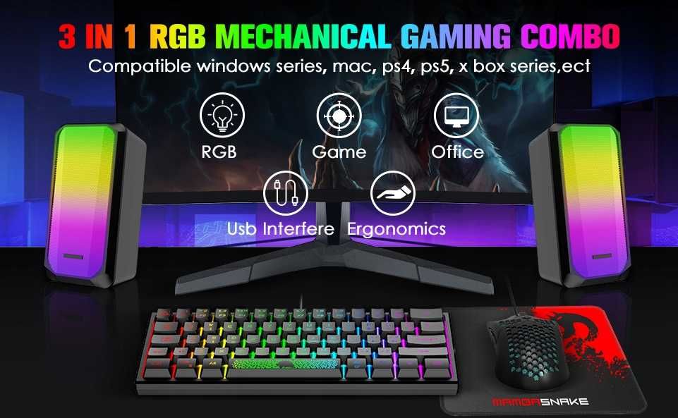 Zestaw gamingowy RGB 4w1: klawiatura/mysz/2 głośnika/podkładka
