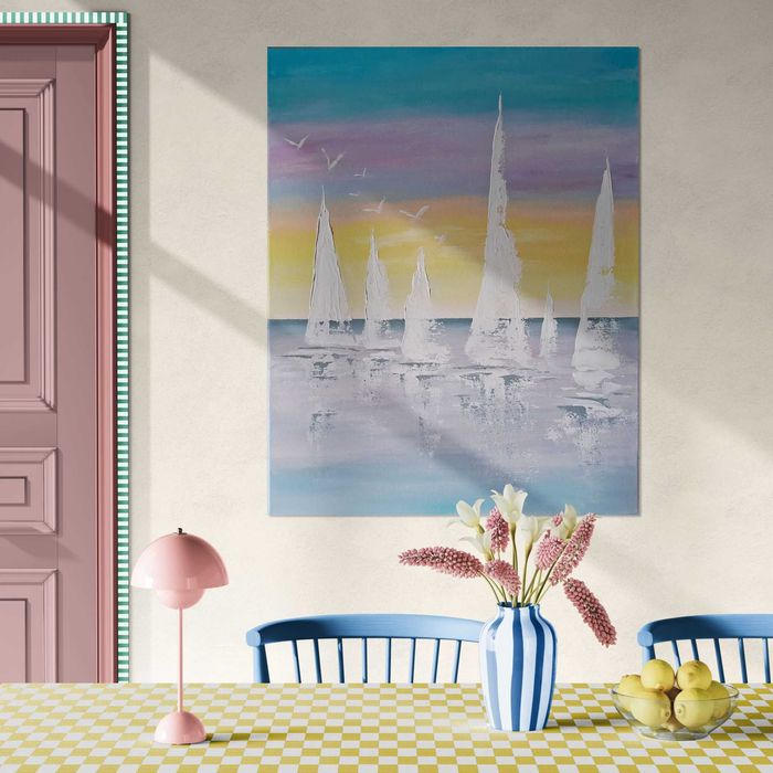 Obraz na płótnie ręcznie malowany akrylami Żaglówki o wschodzie słońca