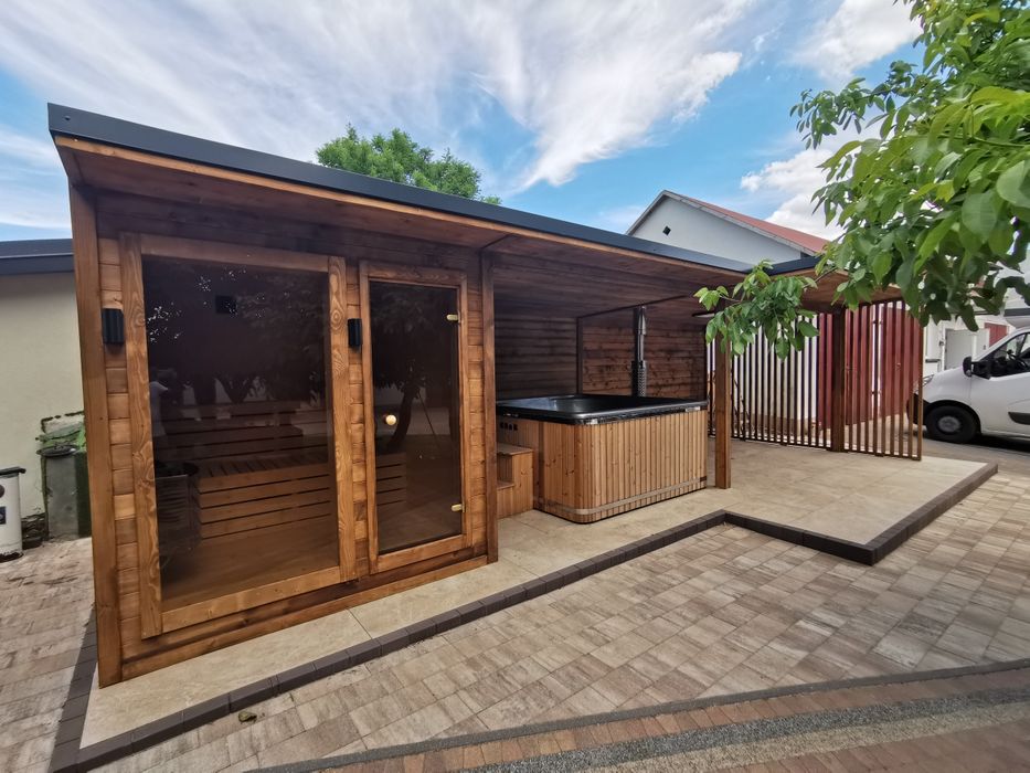 Sauna ogrodowa 9 x3,5m +wiata pod jacuzzi +wiata  na bilard