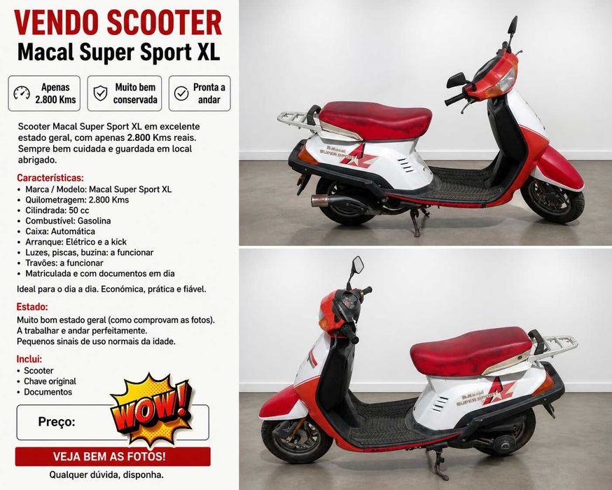 Macal Super Sport XL 50cc | Só 2.800 km | A Andar | Muito Económica | Scooter Clássica