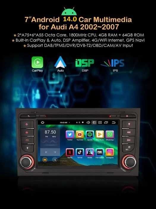 Auto radio Audi A4 Android 14 2 din radio/dvd/cd/usb/sd/gps/bluethoo