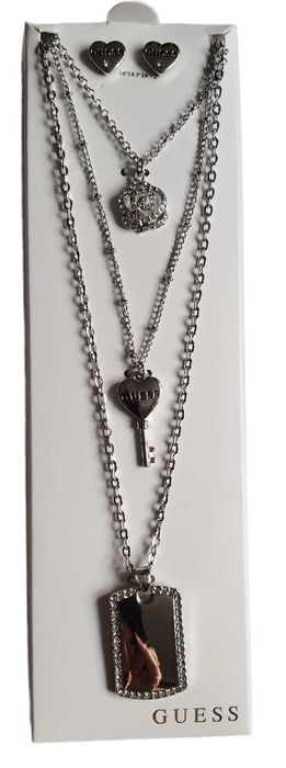 GUESS LOS ANGELES zestaw prezentowy potrójny naszyjnik+kolczyki klucz