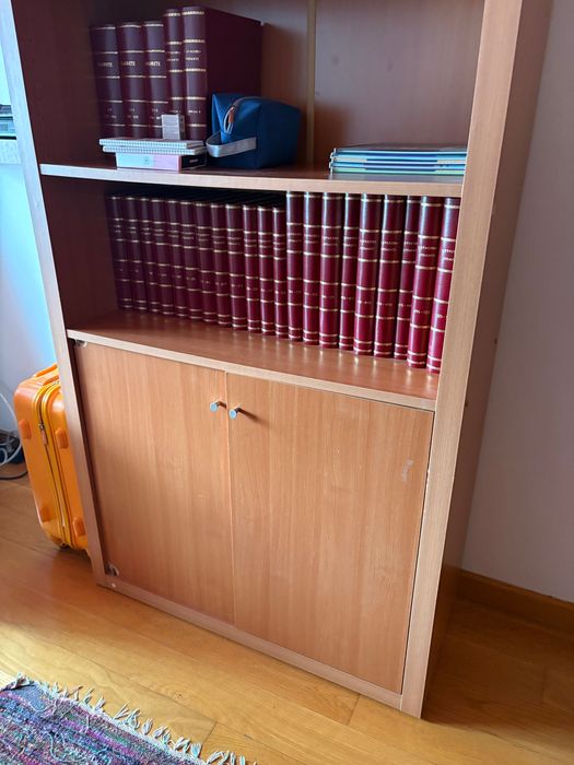 Estante de madeira cor de Pinho com prateleiras e portas