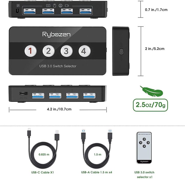 Комутатор Rybozen USB 3.0, 4 порти для 4 ПК, 4 входи та 4 USB-виходи