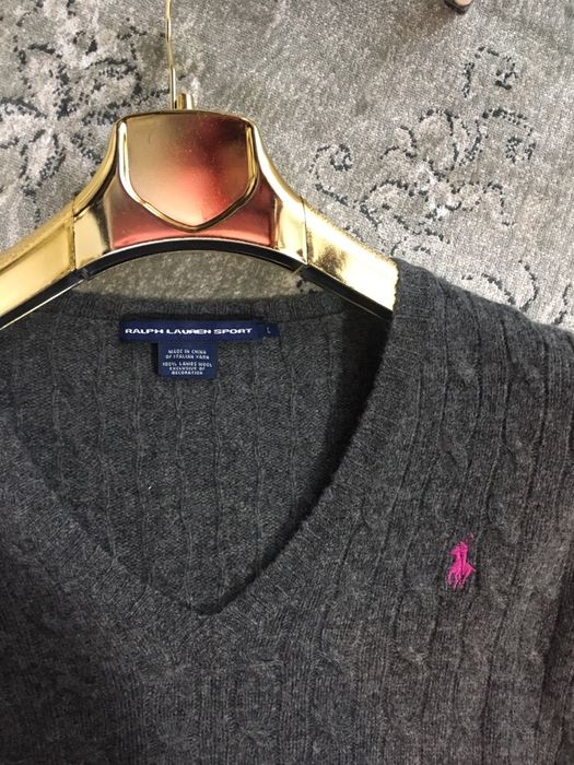 Oryginalny szary sweter Ralph Lauren 100% wełna warkocze sweterek