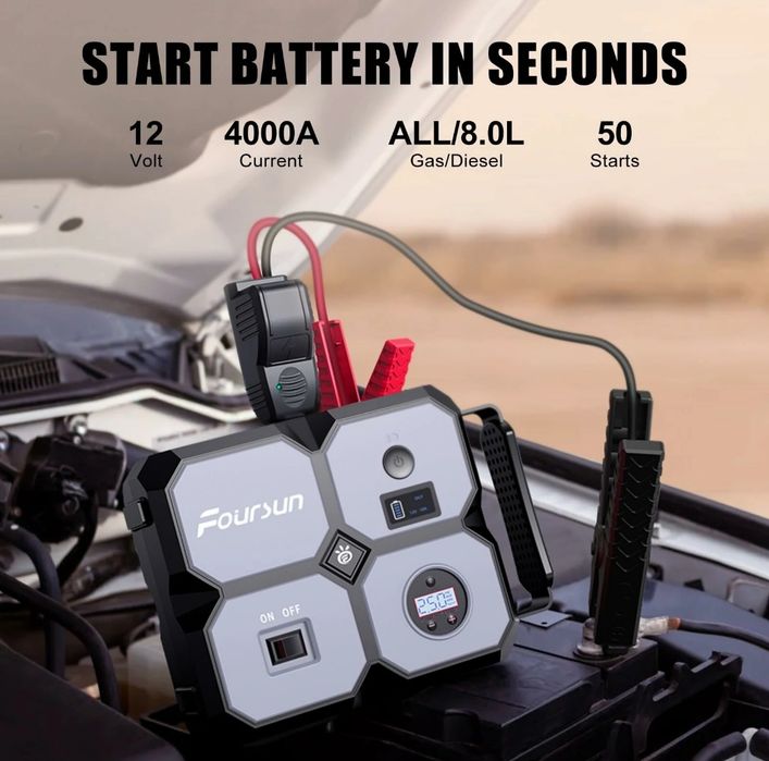 Booster Para carro 26800mAh 4000a 4 em 1 com Compressor de Ar sem Fios
