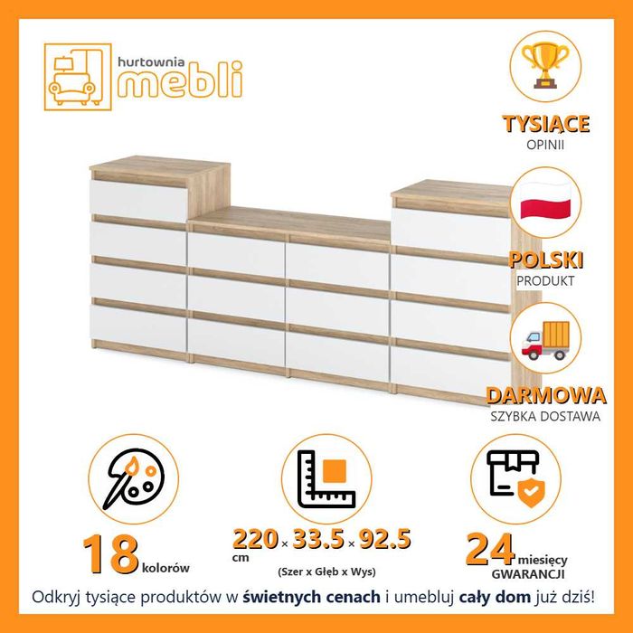 Duża Pojemna Komoda Hugo 14 Szuflad Szafka 220cm Nowoczesna Do Salonu