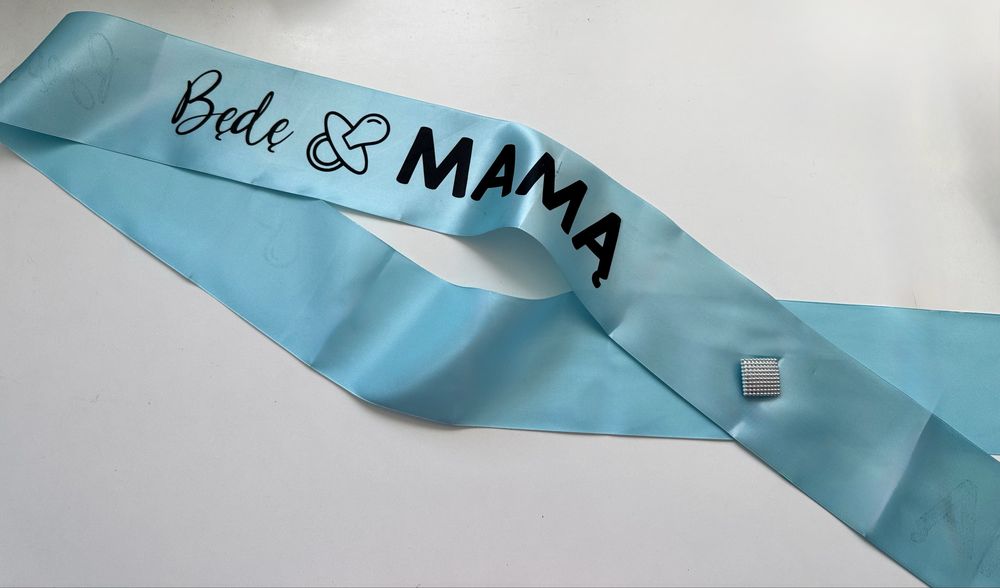 Szarfa na bociankowe Będę Mamą niebieska