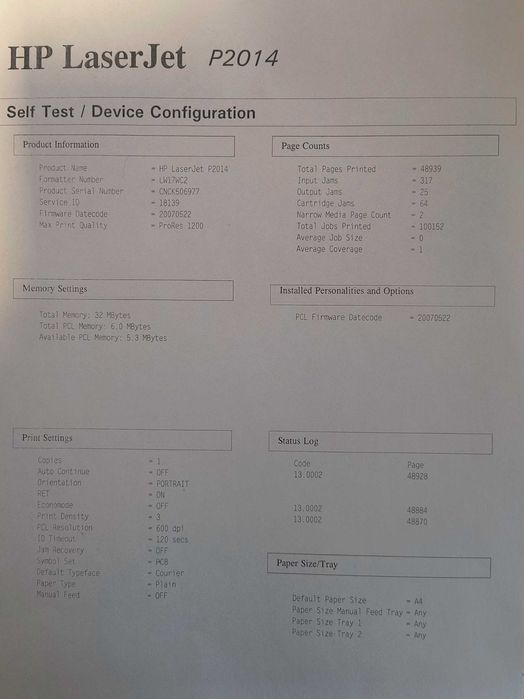 HP LaserJet P2014 drukarka laserowa