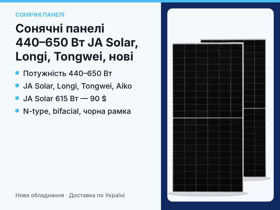 Сонячні панелі 440–650 Вт JA Solar, Longi, Tongwei, нові