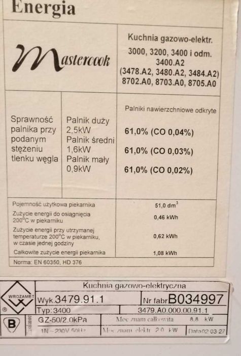 Kuchenka gazowo elektryczna Mastercook Elegance 3400