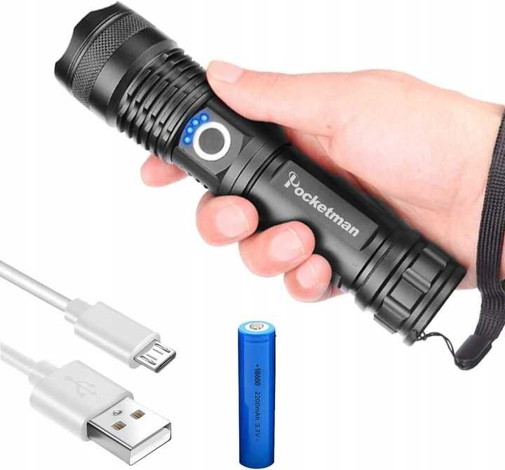 latarka taktyczna  led z akumulatorem zoom, sos