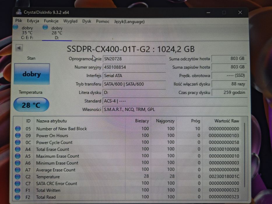 SSD Goodram CX400 1TB (tylko 259 godzin)