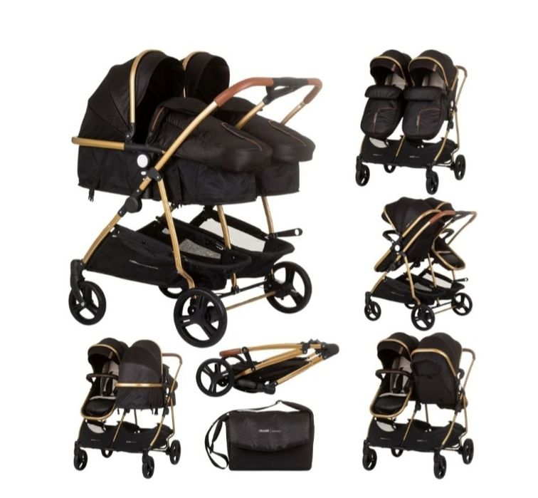 Carrinho de Bebê Gêmeo Smart Duo com 2 Grupo 0+ Obsidian Gold CHIPOLINO